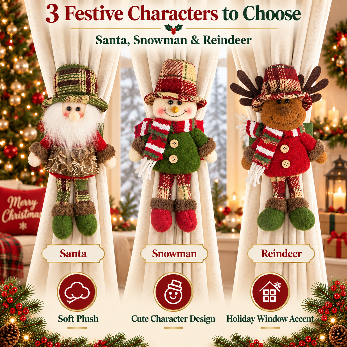 🎄 Christmas Plush Curtain Tiebacks – Santa, Snowman & Reindeer Festive Curtain Holders