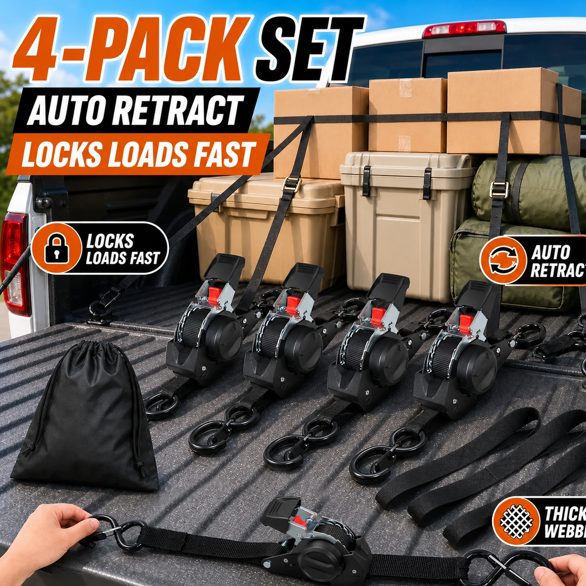 🔥😍⏰Limited Stock 60% OFF 🚜 Dual-End Retractable Tie-Down Ratcheting Straps, Large Locking S Hooks for Motorcycle, ATV, Truck