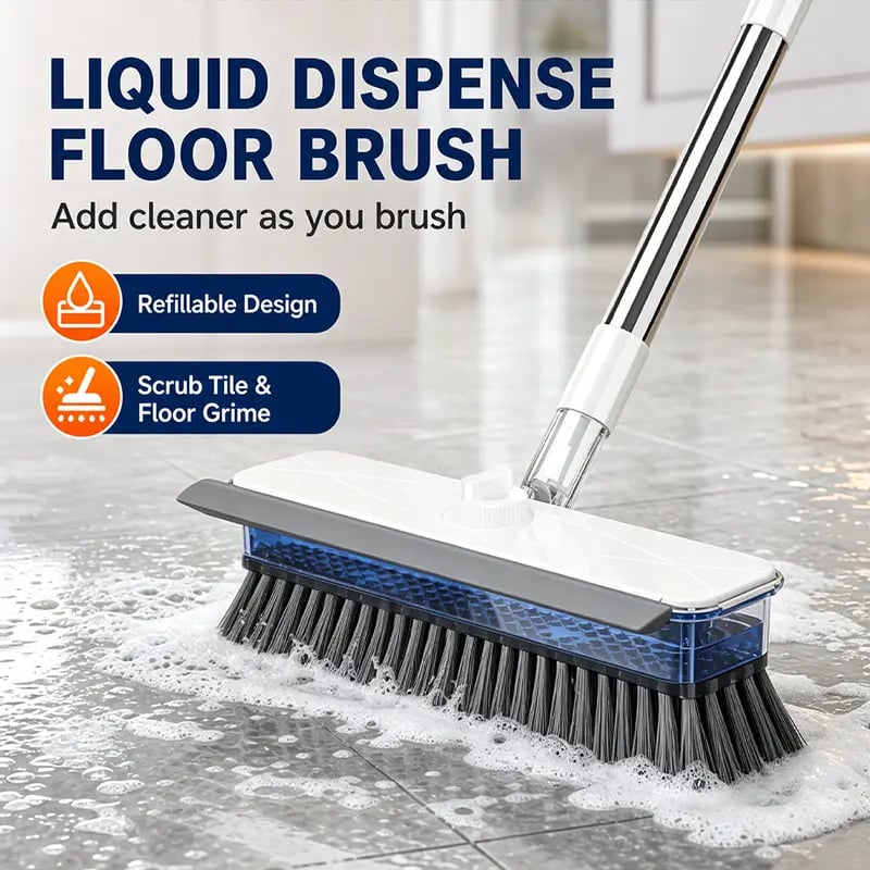 ALL‑in‑1 Liquid Dispensing Floor Scrub Brush with Squeegee, Long Ergonomic Handle Press‑to‑Release Soap Tank Hard Bristle Stand‑Up Scrubber