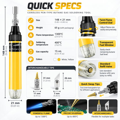Cordless Butane Soldering Pen 🔥 – 1300°C Flame with Interchangeable Tips