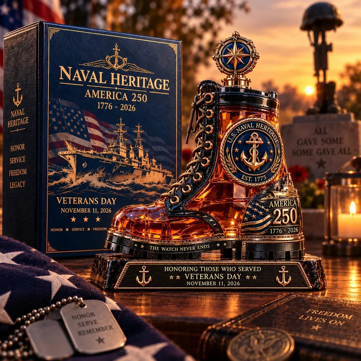 ⚓ Naval Heritage America 250 Combat Boot Decanter – 2026 Veterans Tribute Collector's Edition