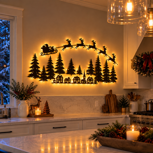 🎅 Christmas Santa Sleigh & Reindeer Press‑On LED Wall Decor | Festive Holiday Wall Art