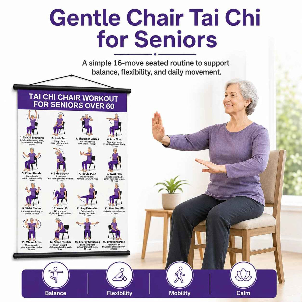 🧘 Daily Chair Tai Chi Exercise Poster | Senior Wellness Training Canvas Wall Art