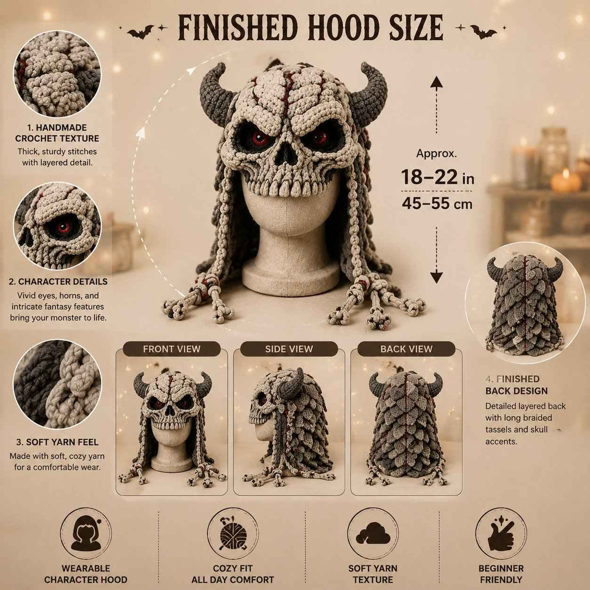 🔥 LAST DAY 49% OFF – 🎃 Halloween Monster Hood DIY Crochet Kit | Premium Soft Yarn Materials with Step-by-Step Guide DIY Handmade Wearable Character Hood 🧶🎭✨