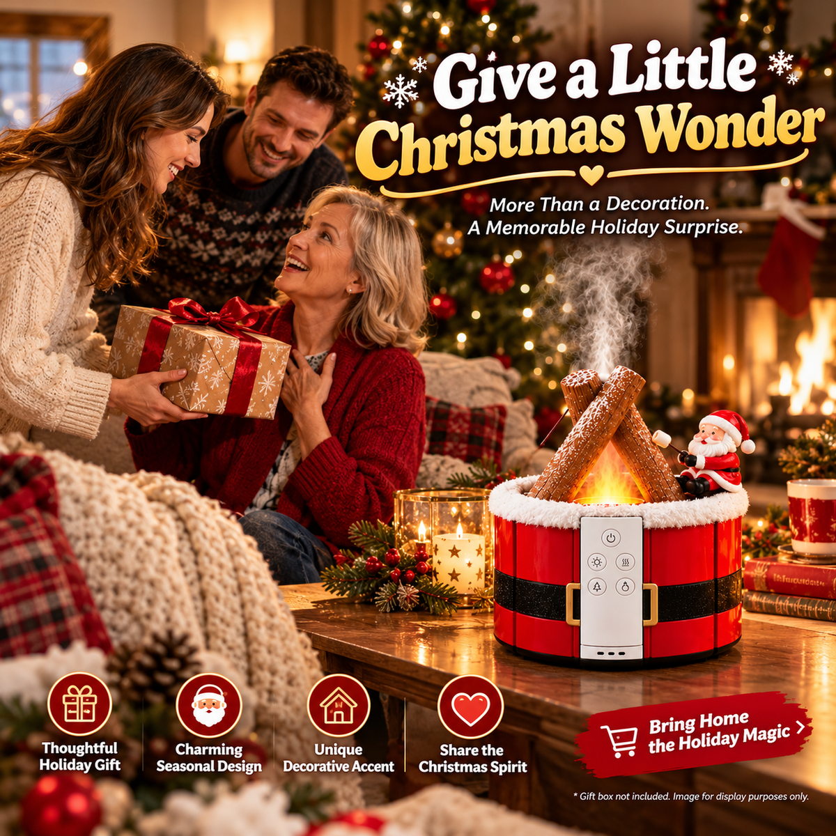 MerryMist Christmas Campfire Aroma Diffuser – Cozy Flame-Style Glow, Festive Mist & Adorable Santa/Gingerbread Designs