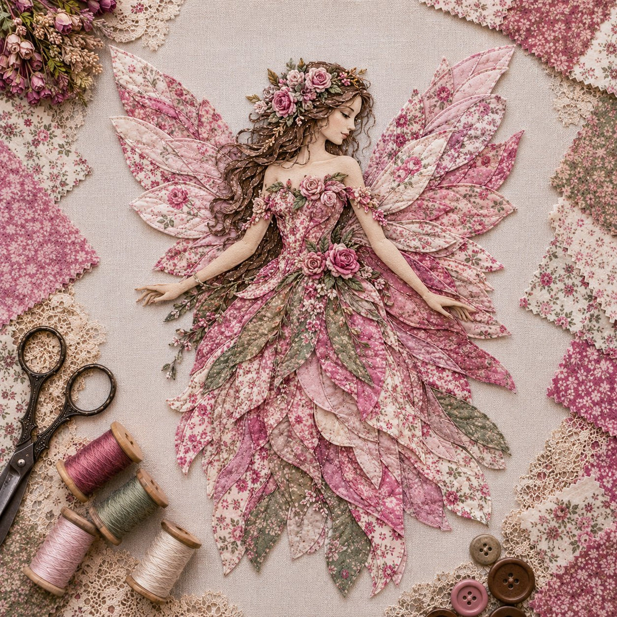 💯🧚‍♀️🌸 Premium Fairy Patchwork DIY Kit | High-Quality Layered Fabric with Floral Wings DIY Handmade Fantasy Wall Decor ✨15*12cm