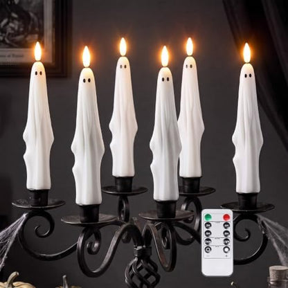 Nuanchu 6 Pcs Halloween Ghost Flameless Taper Candles Remote Timer