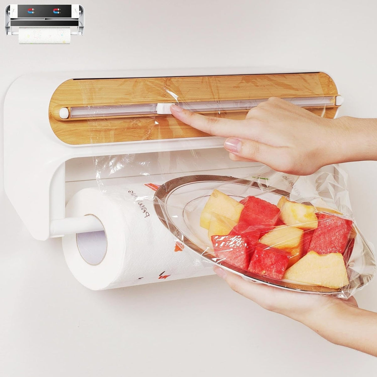 🧲49% OFF NOW! 2-in-1 Magnetic Kitchen Wrap Dispenser – Built-in Cutter Plastic Wrap Foil Dispenser with Paper Towel Holder, No Drilling Wall Mount Kitchen Organizer for Fridge & Cabinet