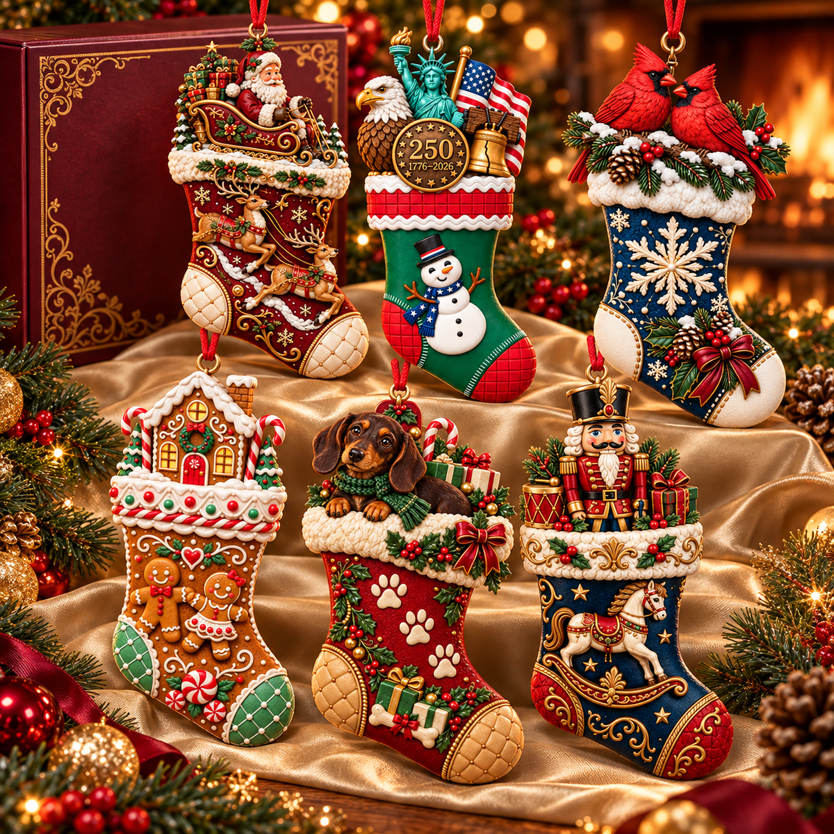 2026 Christmas Storybook Stocking Ornaments – 6-Piece Vintage  Holiday Collection