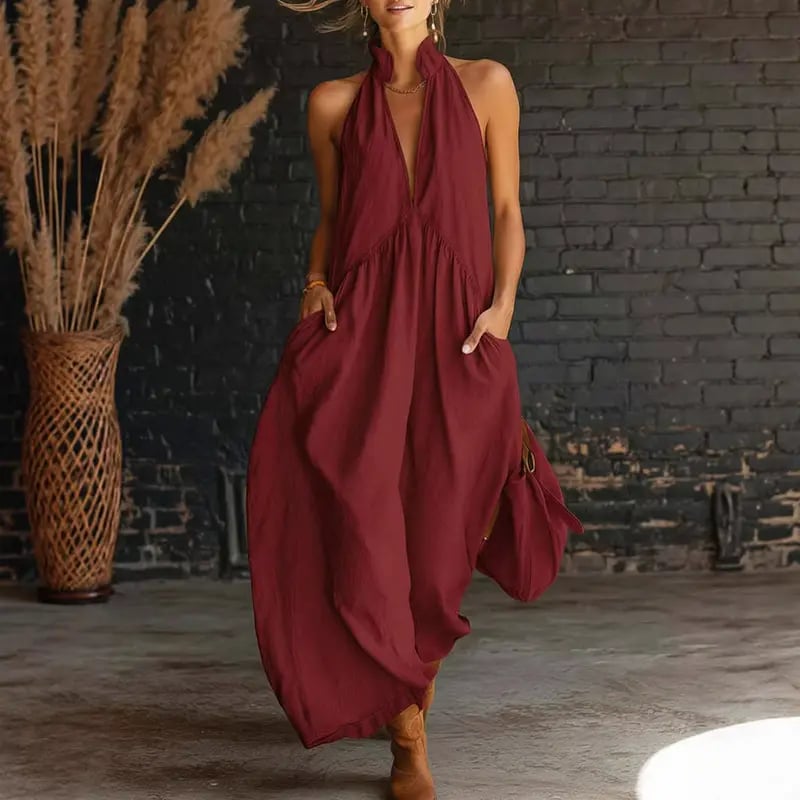 🔥Hot Sale🔥2026 Minimalist Halter Neck Maxi Dress | Casual Loose Fit Summer Dress with Pockets for Women