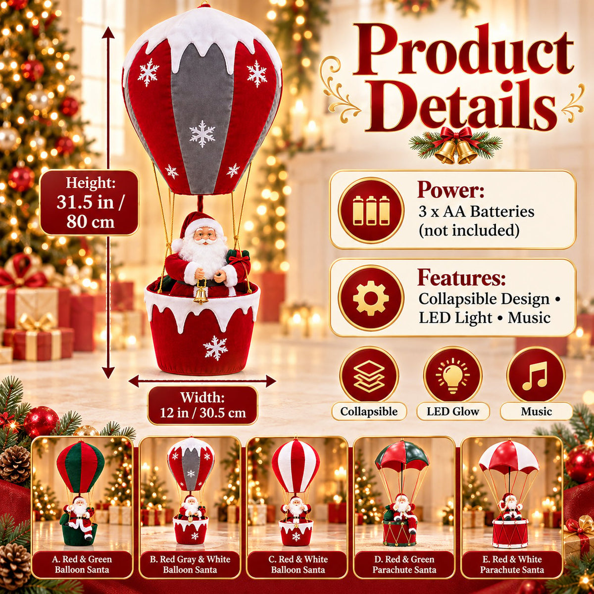 🎅 Lighted Musical Hanging Santa | Collapsible Christmas Décor