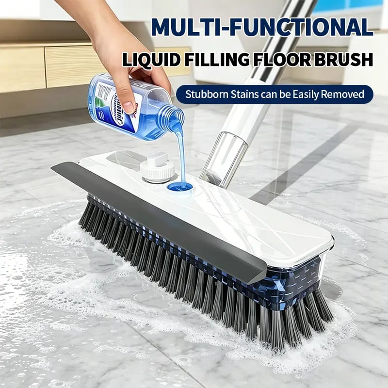 ALL‑in‑1 Liquid Dispensing Floor Scrub Brush with Squeegee, Long Ergonomic Handle Press‑to‑Release Soap Tank Hard Bristle Stand‑Up Scrubber