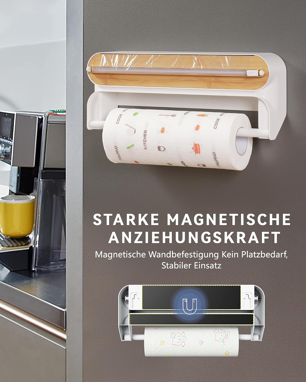 🧲49% OFF NOW! 2-in-1 Magnetic Kitchen Wrap Dispenser – Built-in Cutter Plastic Wrap Foil Dispenser with Paper Towel Holder, No Drilling Wall Mount Kitchen Organizer for Fridge & Cabinet