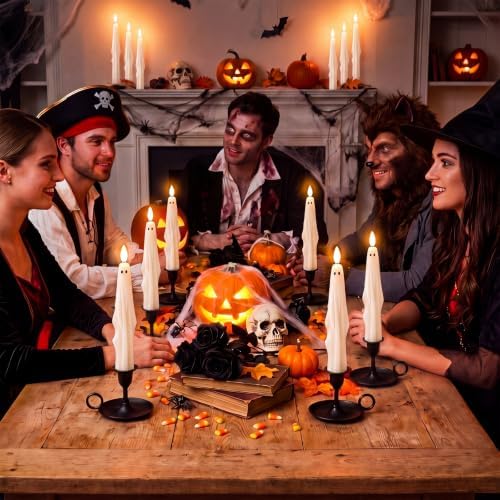 Nuanchu 6 Pcs Halloween Ghost Flameless Taper Candles Remote Timer