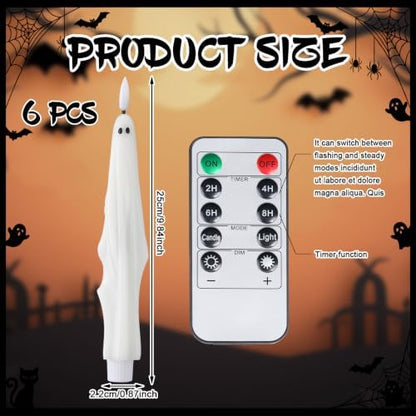 Nuanchu 6 Pcs Halloween Ghost Flameless Taper Candles Remote Timer