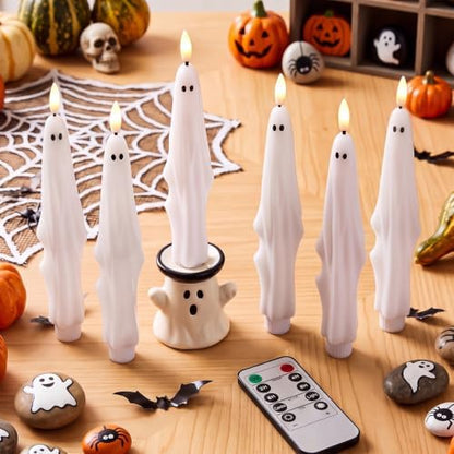 Nuanchu 6 Pcs Halloween Ghost Flameless Taper Candles Remote Timer