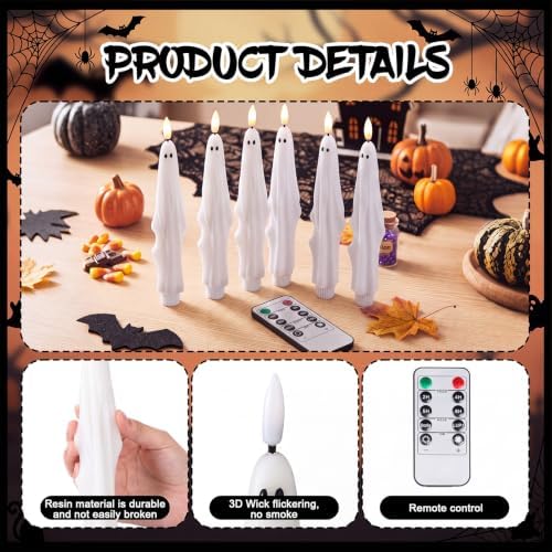 Nuanchu 6 Pcs Halloween Ghost Flameless Taper Candles Remote Timer