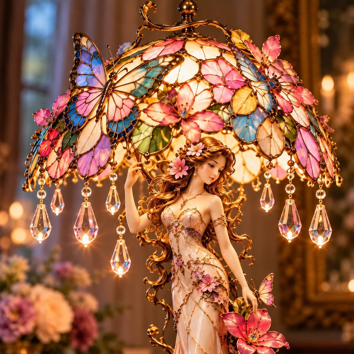 “Enchanted Butterfly Garden Lady” Lamp – Illuminated Flower Sculpture