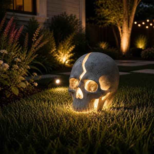 🌱✨ Limited Time 50% OFF✨ Cracked Skull Solar Garden Light, Waterproof Warm LED Skull Sculpture Lamp For Lawn, Pathway, Yard Halloween Outdoor Decor Ornament