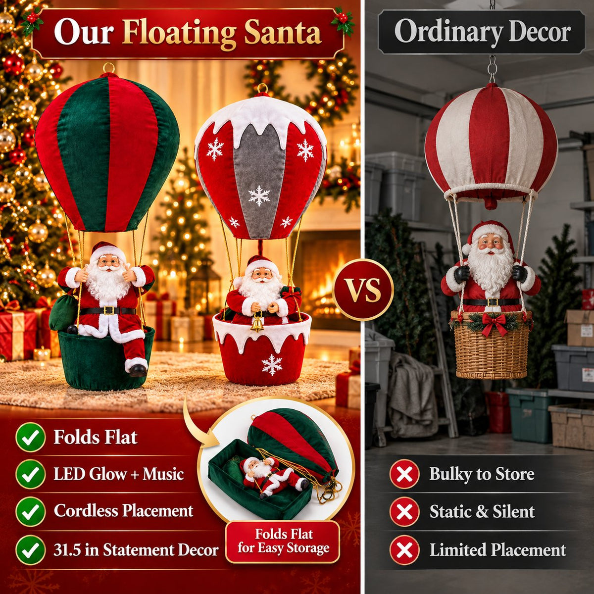 🎅 Lighted Musical Hanging Santa | Collapsible Christmas Décor