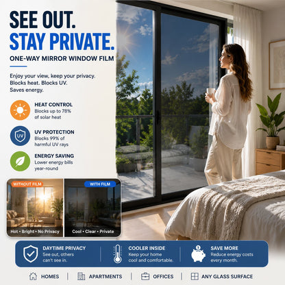 ☀️ One-Way Privacy Window Film – Daytime Mirror Effect, Heat Blocking & UV Protection
