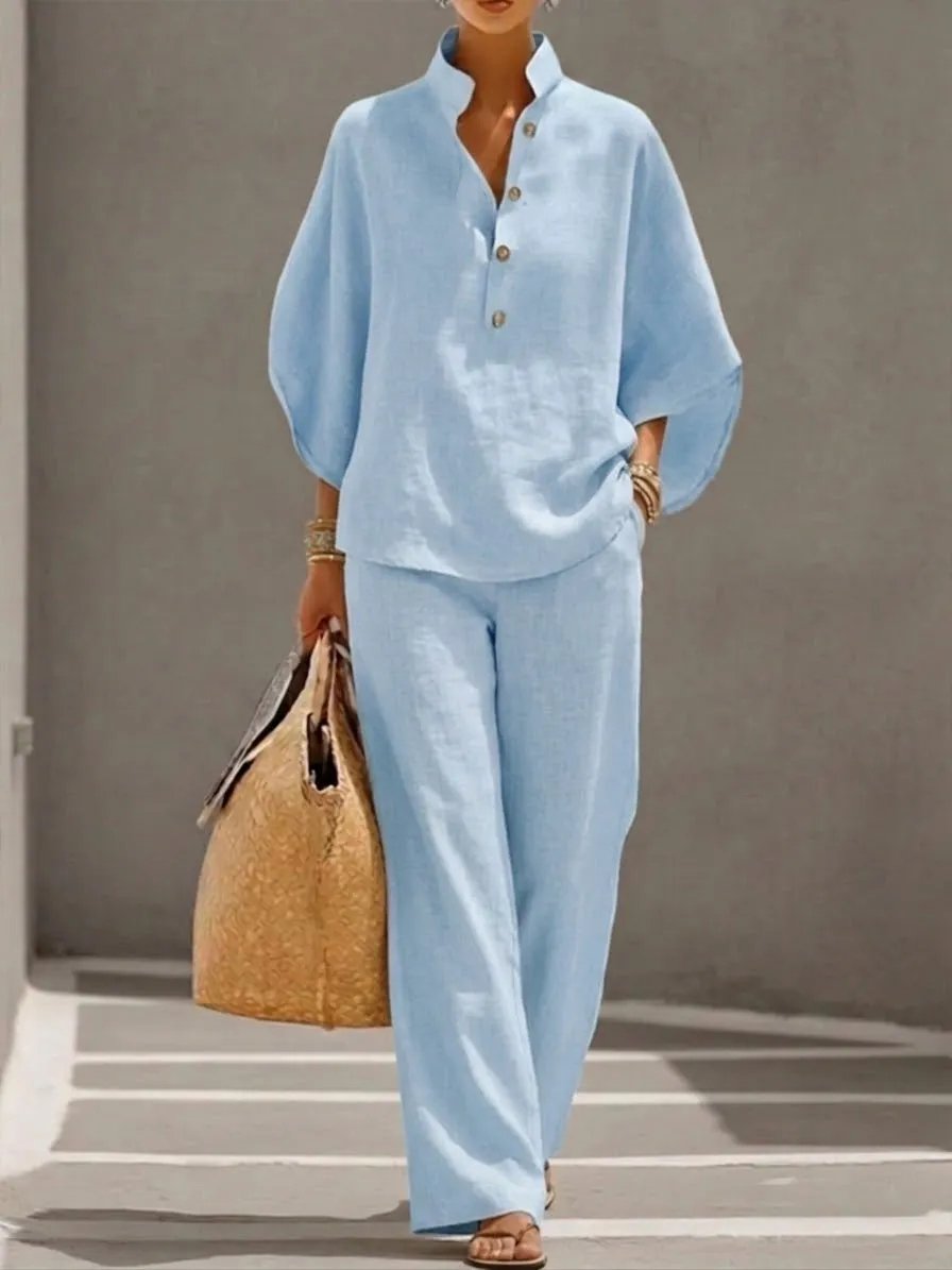 🔥Women's Batwing Sleeve Two-Piece Set – Casual Shirt & Wide Leg Pants Outfit