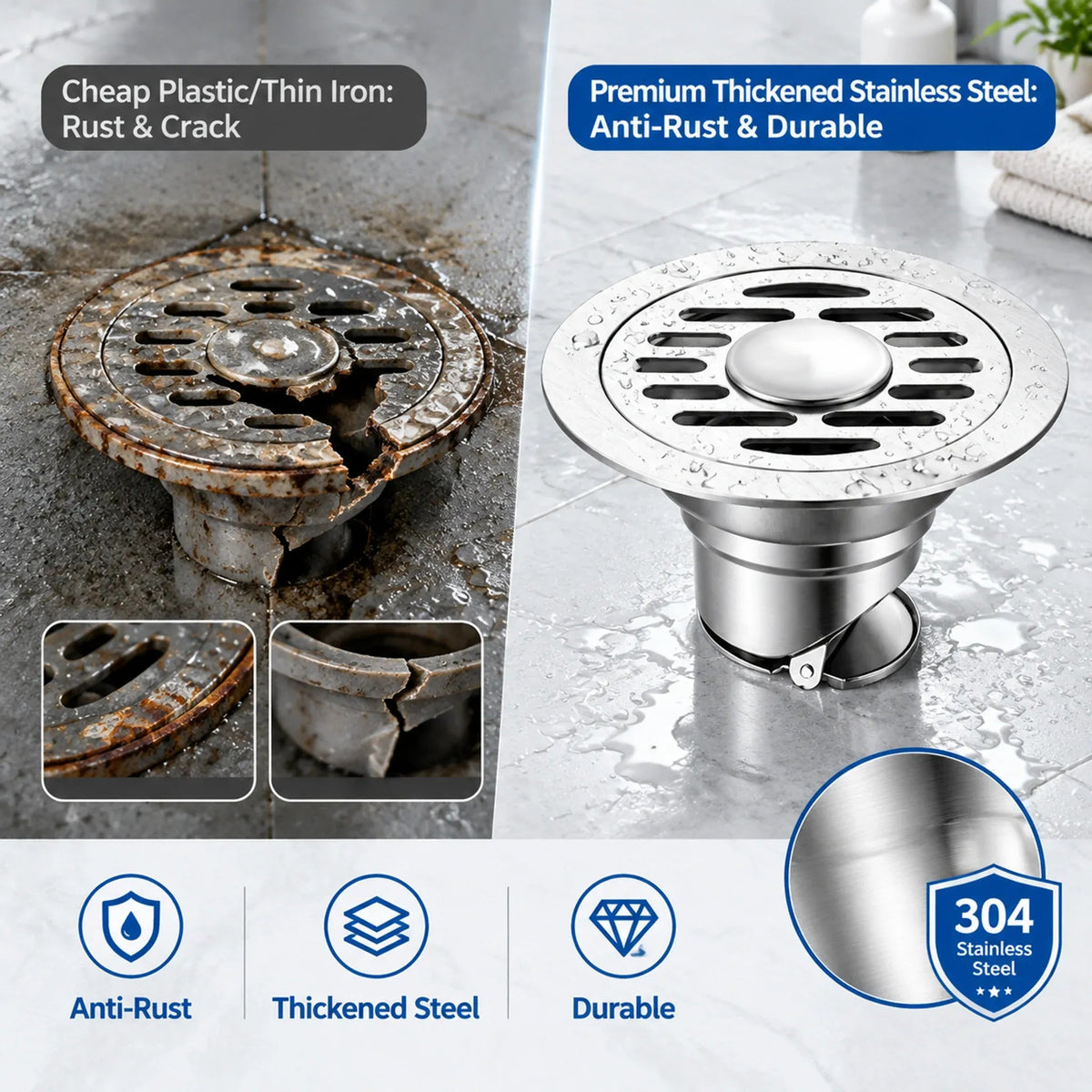 Stainless Steel Floor Drain 🚿 – 3.94' Gravity Seal with Hair Filter & Odor Control