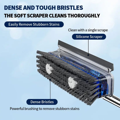 ALL‑in‑1 Liquid Dispensing Floor Scrub Brush with Squeegee, Long Ergonomic Handle Press‑to‑Release Soap Tank Hard Bristle Stand‑Up Scrubber