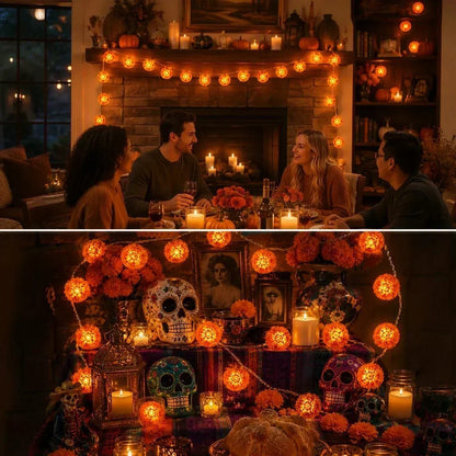 🎁Marigold LED Memorial String Lights – 20 Glowing Flowers for Ofrendas & Remembrance