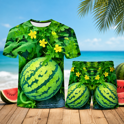 🍉 3D Watermelon Print T-Shirt & Shorts Set – Funny Summer Outfit