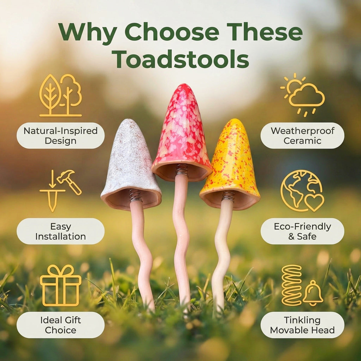 3 Pack Tinkling Toadstools Ceramic Mushrooms for Garden Decor