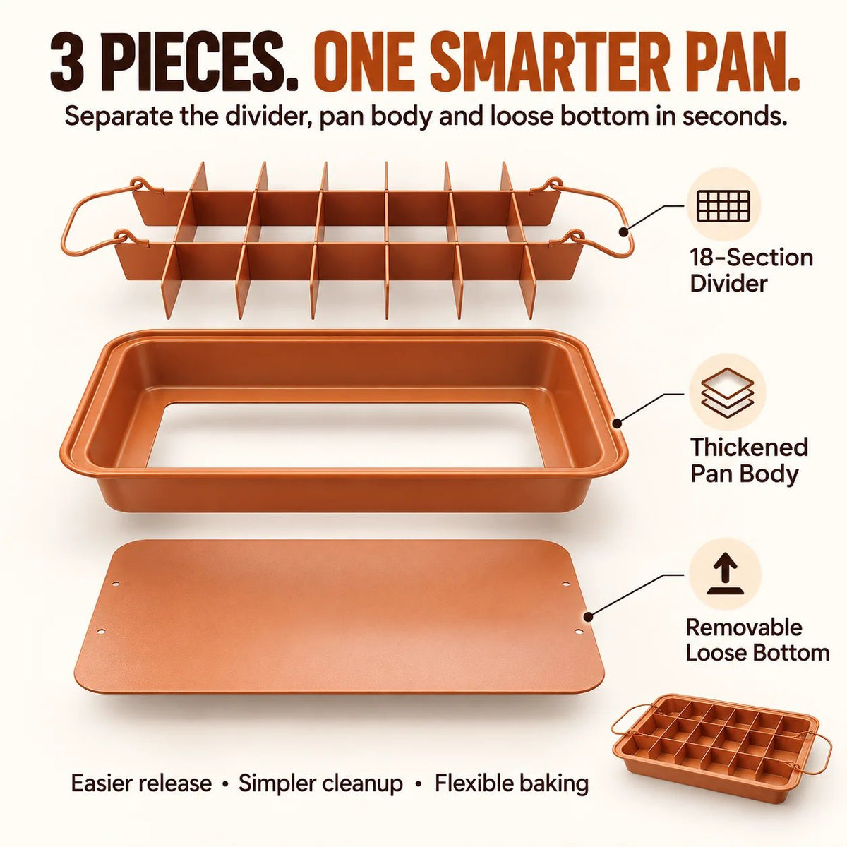 🔥HOT SALE🔥🍫 18-Section Removable Divider Brownie Pan – Thickened Carbon Steel Nonstick Baking Tray with Loose Bottom