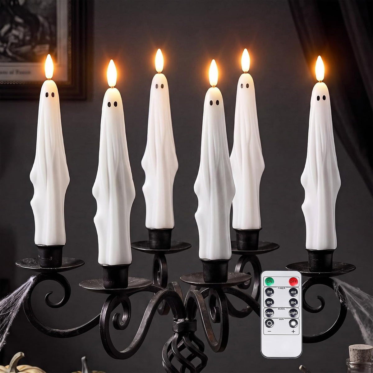 Nuanchu 6 Pcs Halloween Ghost Flameless Taper Candles Remote Timer