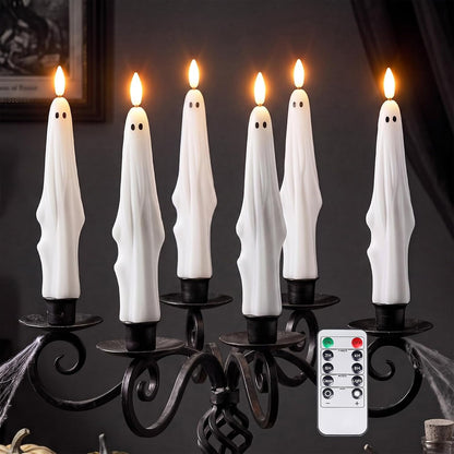 Nuanchu 6 Pcs Halloween Ghost Flameless Taper Candles Remote Timer