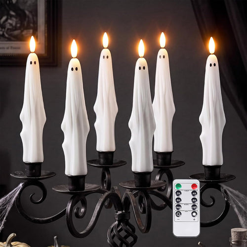 Nuanchu 6 Pcs Halloween Ghost Flameless Taper Candles Remote Timer
