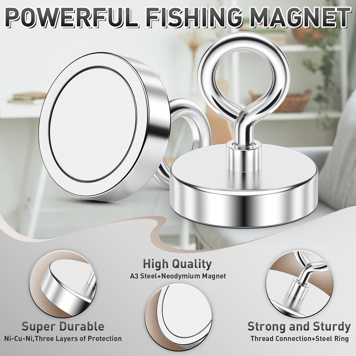 350 LBS Heavy Duty Fishing Magnet, Magnet with Countersunk Eyebolt🧲