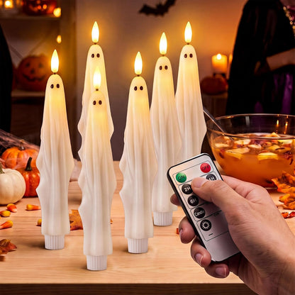 Nuanchu 6 Pcs Halloween Ghost Flameless Taper Candles Remote Timer