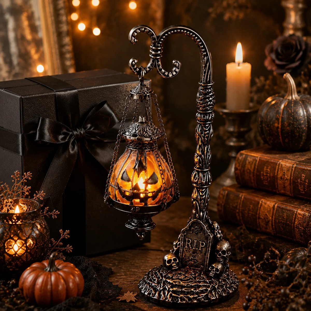 🔥Halloween Early Bird Sale🎃 Gothic Pumpkin Lantern Stand | Warm Orange LED Glow, Victorian Skull Details & Haunted Shelf Decor 🕯️