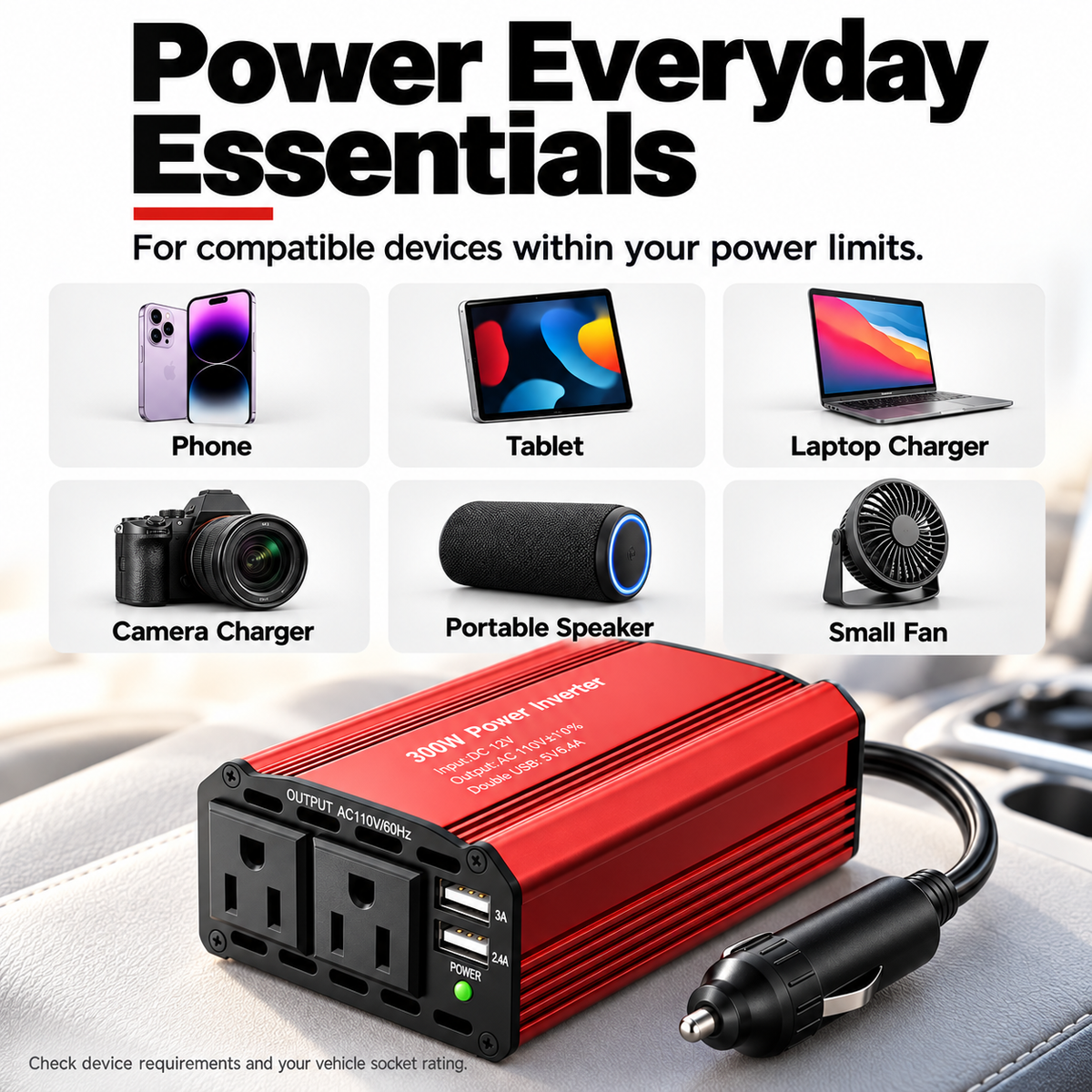 ⚡300W Car Power Inverter | DC 12V to 110V AC Converter | 2 AC Outlets & 2 USB‑A Ports, Aluminum Housing with Cooling Fan for Road Trip & Camping