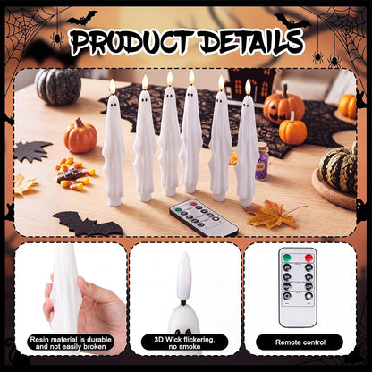 Nuanchu 6 Pcs Halloween Ghost Flameless Taper Candles Remote Timer