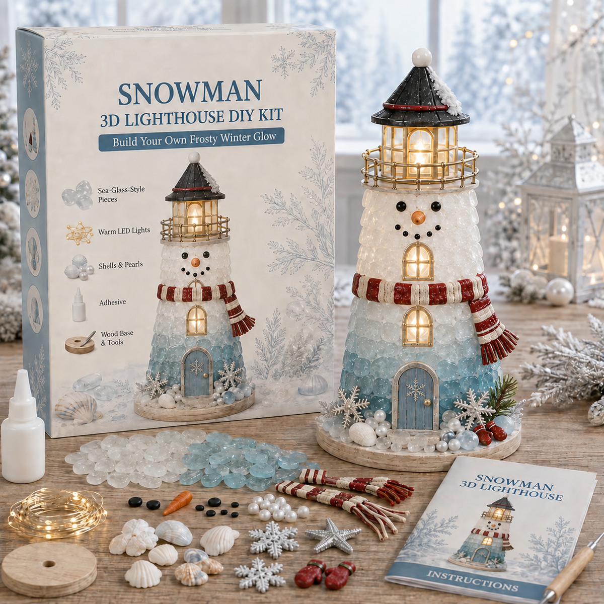🎄Beginner-Friendly DIY Lighted Christmas Character Sea Glass-Style Lighthouse Kit Collection | Complete Kit with Sea Glass-Style Pieces, LED Lights & Step-by-Step Guide Included 💕