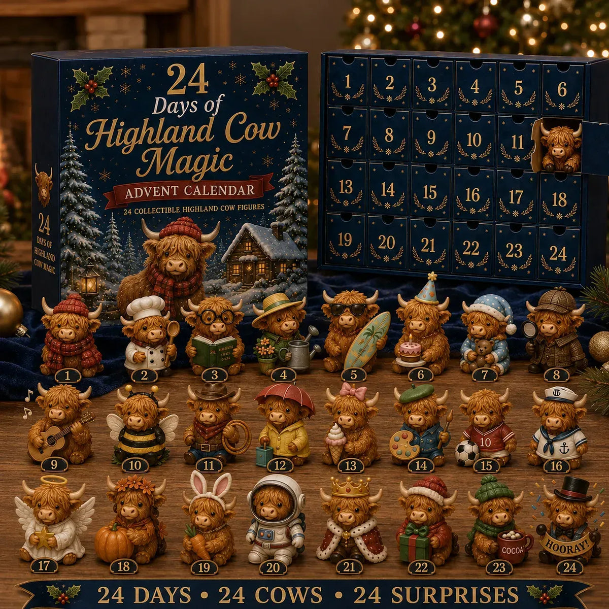 🐮🎄 24 Days of Highland Cow Advent Calendar – 24 Collectible Figurines