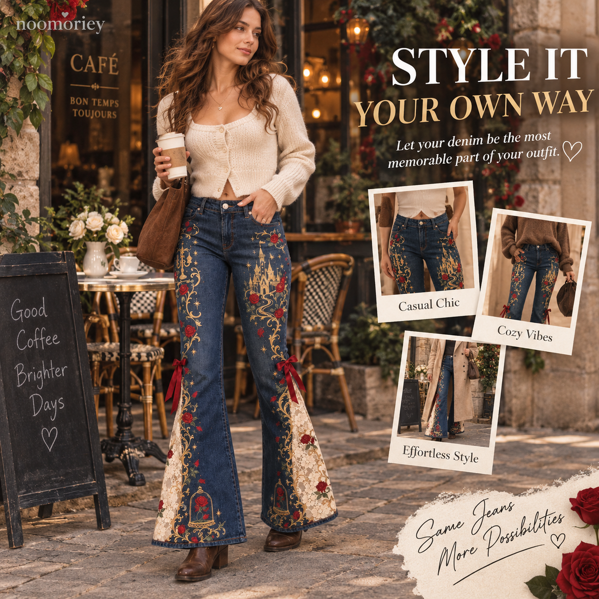 🌹👖 Enchanted Rose – High-Waisted Lace Panel Flare Jeans