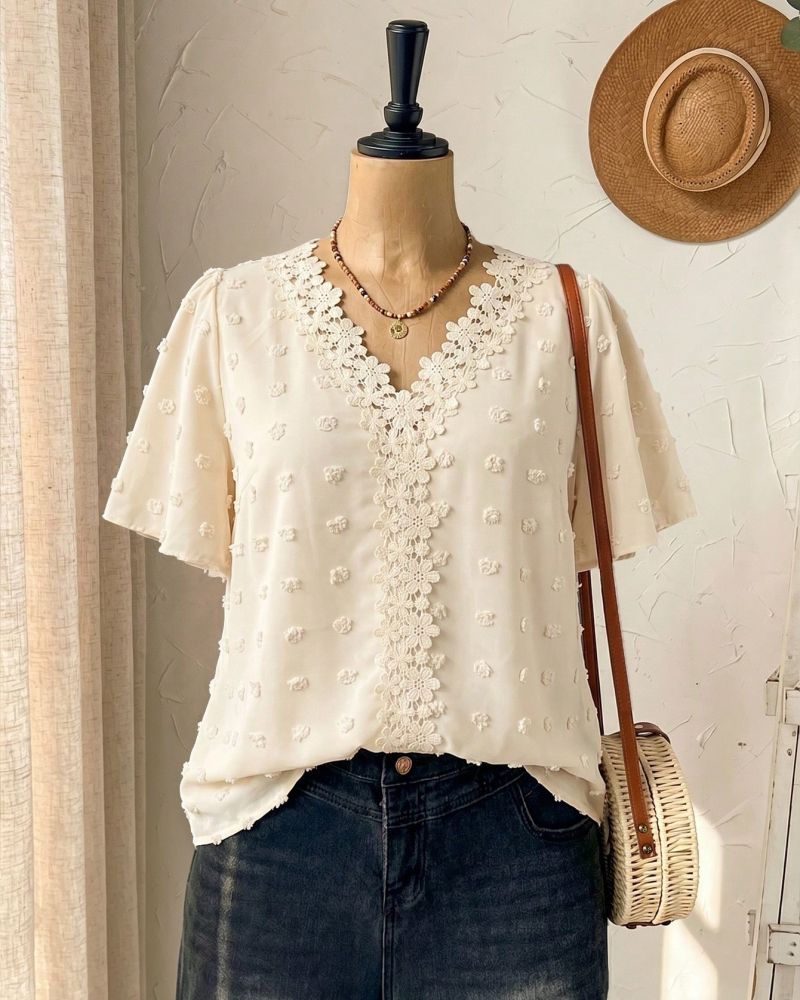 🔥 Elegant Swiss Dot Lace Butterfly Sleeve Shirt, Long Sleeve Commuter Top, Loose Fit Casual Summer Blouse for Women