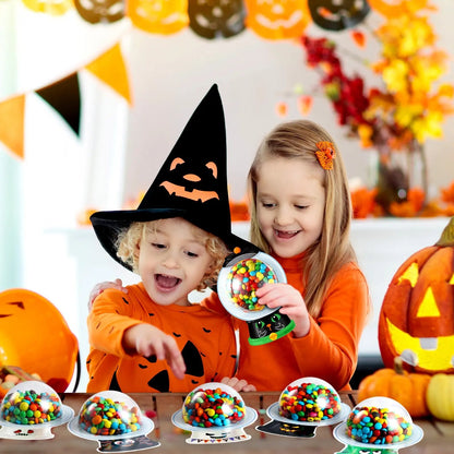 Candy Dome Holder Kit – 24/48 Pack DIY Trick-or-Treat Treat Cards with Clear Candy Domes & Stickers