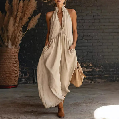 🔥Hot Sale🔥2026 Minimalist Halter Neck Maxi Dress | Casual Loose Fit Summer Dress with Pockets for Women