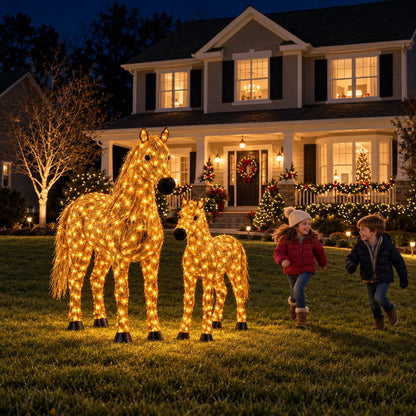 ✨🐎 Light-Up Christmas Horse & Foal Set – Warm White LED Holiday Display