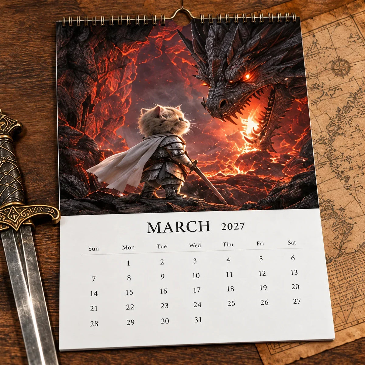 🐱 2027 Knight Cat vs. The Dragon Wall Calendar | 12 Fantasy Scenes