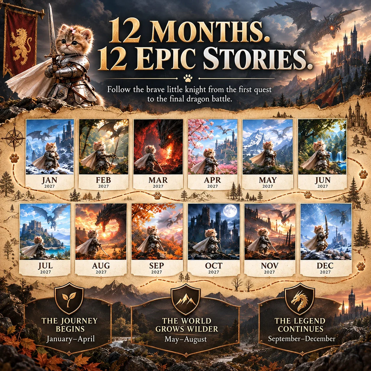 🐱 2027 Knight Cat vs. The Dragon Wall Calendar | 12 Fantasy Scenes