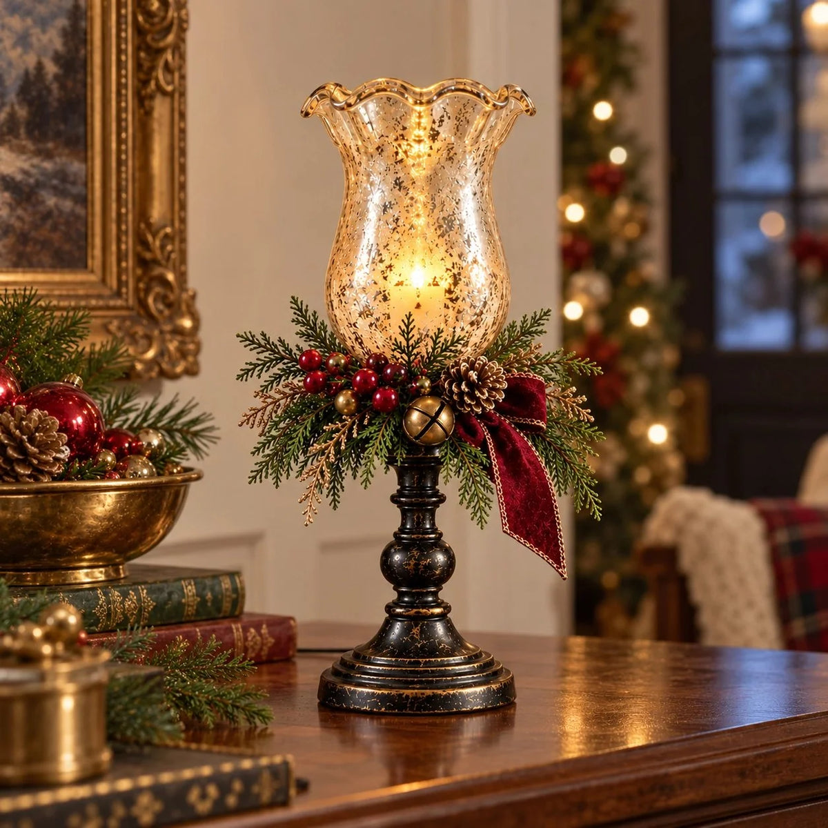 🎄🕯️🍒Vintage Mercury Glass Christmas Candle Lamp🌙